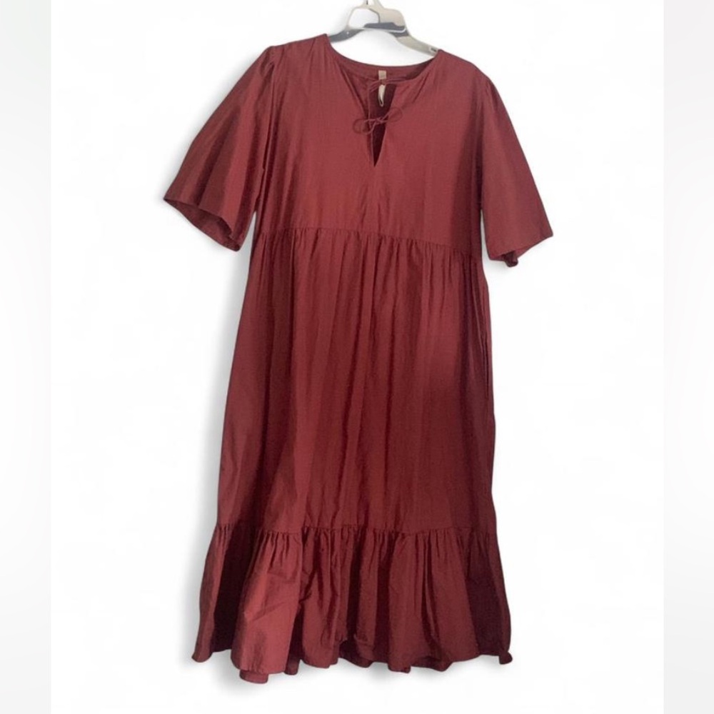Mata Traders Red Tie-Front Midi Dress large cotton short sleeve tiered flowy